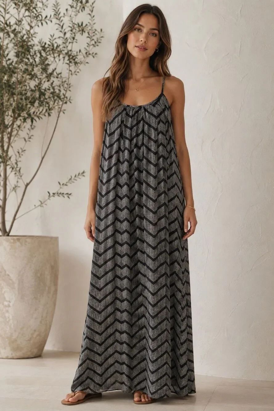 Merona XXL Gray Black Chevron Maxi Dress Sleeveless Strappy Boho Casual